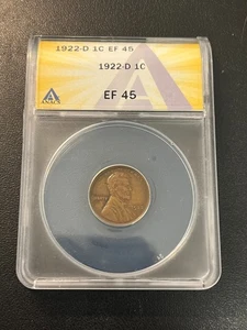 1922 D WHEAT CENT ANACS XF-45 - WHEAT PENNY - BETTER DATE - CERTIFIED SLAB - 1C - Picture 1 of 2