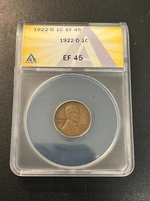 1922 D WHEAT CENT ANACS XF-45 - WHEAT PENNY - BETTER DATE - CERTIFIED SLAB - 1C - Image 1 of 2