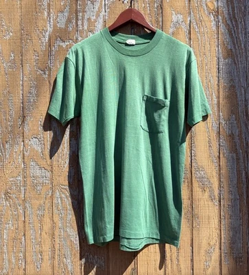 Camiseta De Colección Años 60 70 Desteñida por el Sol Envejecida Delgada Algodón Bolsillo Verde EE. UU. XL Foto 1 de 4