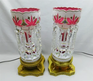 Bohemian Czech PAIR Cased Glass Mantle Lustres Cranberry White Crystals ELECTRIC - Picture 1 of 12