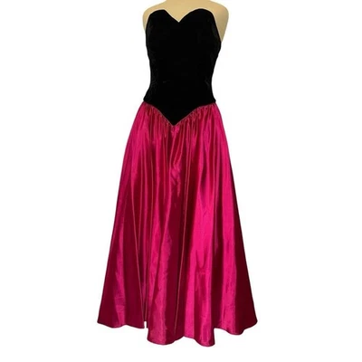 Vestido de Cóctel Vintage Terciopelo Corpiño Dos Tonos Negro y Fucsia Sin Tirantes Talla 10 Foto 1 de 4