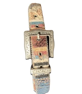 VTG ELITE Belt S Multicolor SERAPE MEXICAN PRINT Beaded Edge SLIVER BUCKLE Boho - Picture 1 of 9