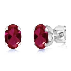 925 Sterling Silver Red Created Ruby Women's Stud Earrings (1.00 Ct Oval 6X4MM) - Picture 1 of 6