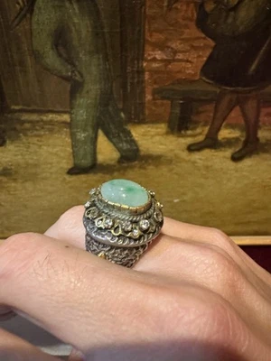 Anello Argento Oro Giada Imperiale E Diamanti  - Immagine 1 di 4