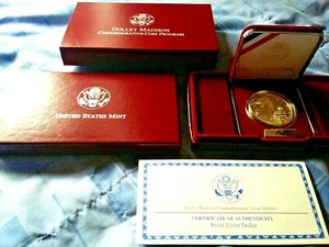 1999 P DOLLEY MADISON COMMEMORATIVE PROOF SILVER DOLLAR - "CASE , SLEEVE & COA" - Picture 1 of 8