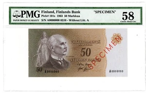 Finland ... P-101s ... 50 Markkaa ... 1963 ... Ch*UNC* ... PMG 58 "SPECIMEN". - Picture 1 of 2