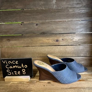 New Womens Vince Camuto Vilty Blue Linen Heeled Peep Toe Sandals Shoes Size 8 M - Picture 1 of 6