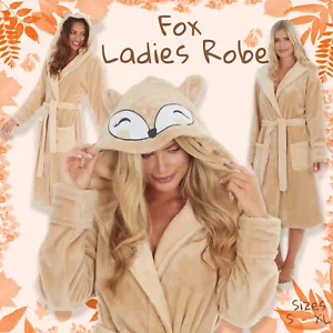 Womens Hooded Fox Dressing Robe Beige Gown Knee Length Energy Saving Nightwear - Picture 1 of 7
