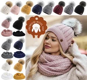 Womens Beanie, Scarf Faux Pom Pom Warm Winter Natural Wool Mohair & Micropolar - Picture 1 of 181
