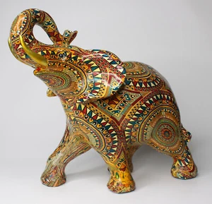 Multicolor stehender Elefant Figur Glücksrüssel oben Unikat Statue Poylstryrene - Bild 1 von 11