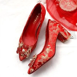 Chinese Style Women Wedding Shoes Low Thick Heel Pumps High Heels Stilettos - Picture 1 of 16