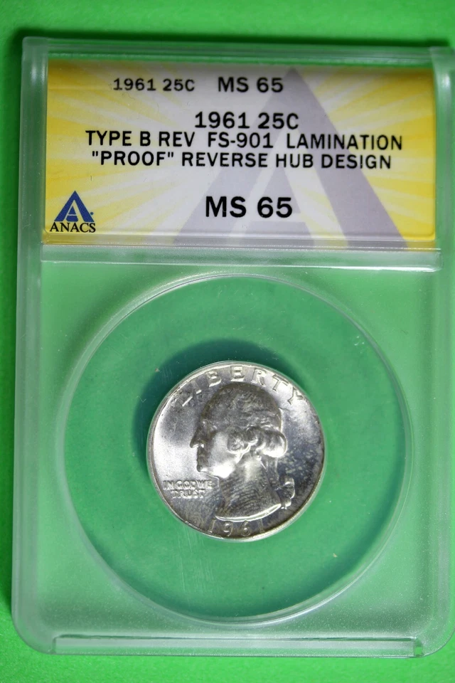 1961 - ANACS MS65 PROOF T- B REV FS-901 LAMINATION WASHINGTON QUARTER!! #B27208 - Image 1 of 2