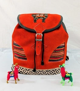 Peruvian Red Suede Leather Boho Backpack Tribal Aztec Southwest Llama Hippie  - Picture 1 of 8