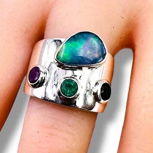 Anillo Banda Plata Esterlina 925 Esmeralda Zafiro Rubí Ópalo Natural 8 - Imagen 1 de 15