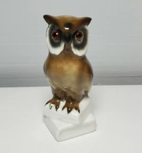 Statuina ceramica gufo vintage occhi di vetro dipinti a mano Germania Ovest seduta su libri - Foto 1 di 8