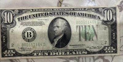 1934B- $10 Dollars Bill  Low Serial Number. B00551464 D US vintage antique. - Image 1 of 4