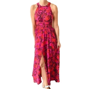 Abel The Label Charlotte Kleid XS lila rot Neckholder Bindeband Maxi Blumen gesmokt - Bild 1 von 16