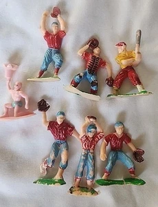 6 VINTAGE MINIATURE BASEBALL PLAYERS And Strong Man FIGURES Cake Toppers - Picture 1 of 2