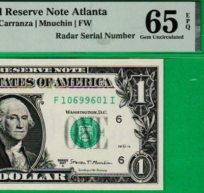 $1  Federal Reserve note RADAR Serial Number  1069-9601  PMG 65 - Image 1 of 3
