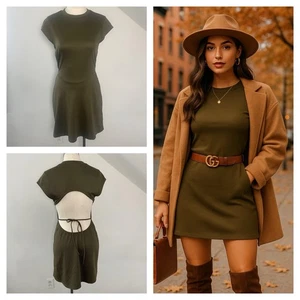 Silence + Noise olivgrünes Minikleid mit Cutouts M neu ohne Etikett hinten offen Gürtel Herbst Y2K - Bild 1 von 7