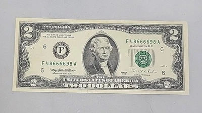 2 Dollar Bill 1995  F48666698A Very Good Condition Four Of A Kind Combo "6666"  - Image 1 of 4