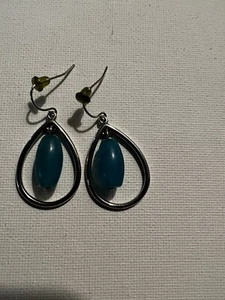 SEA GLASS Teardrop Caribbean Blue Silver Rohodium Plated Dangle Earrings - Picture 1 of 3