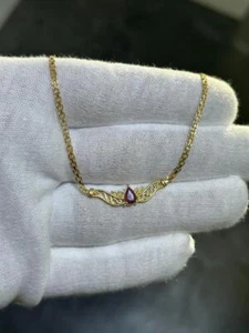 14k Yellow Gold Natural Red Ruby Pear Shape Vintage Basket Weave Necklace - Picture 1 of 14