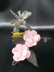 2 Pink Flowers + Dragonfly Hand Blown Clear Glass Gold Detail Figurines Figure - Picture 1 of 10