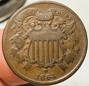 1864 Two Cent Piece 2C SMALL MOTTO Civil War Date US Copper Coin CC25464 - Picture 1 of 6
