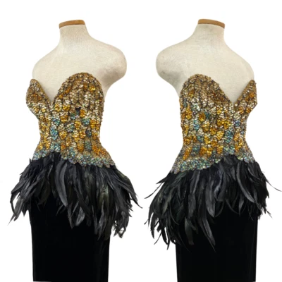 Vtg 80s 1980s Glam Disco Era Studio 54 Ball Gown Fire Feather Velvet Formal - Image 1 of 4