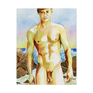 DRUCK Original Kunstwerk Aquarell Gemälde Gay Male Nude "Am Wasser" - Bild 1 von 13