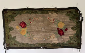 American Hooked Rug Floral Design Repair / Repurpose 44" x 24" Antique - Picture 1 of 14