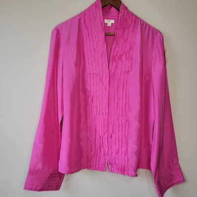 J Jill 大号热粉色 100% 真丝褶饰褶边衬衫上衣 V 领 — 第 1/4 张图片