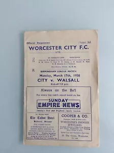 WORCESTER CITY V WALSALL 17.03.1958 BIRMINGHAM LEAGUE MATCH - Picture 1 of 2