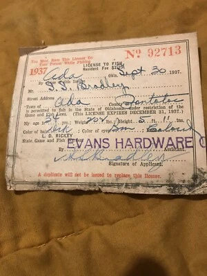 Vintage authentic Oklahoma Fishing License 1937 - Image 1 of 2