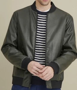 DKNY Men's Faux Leather Bomber Jacket- Olive - Size: L - New -100% Original - Picture 1 of 4