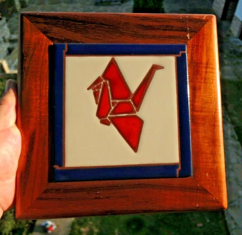 M.C.M.Cubism Abstract Origami Enamel On Copper Crane Solid koa wood frame Cover