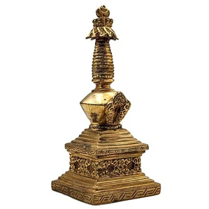 Tibetan Antiqued Décor Buddhist Cooper Gold Lotus Stupa Statue Nepal Collectible - Picture 1 of 4