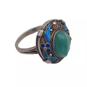 Anello in filigrana cinese in argento, smalto e pietra naturale, gioielli ori... - Foto 1 di 14