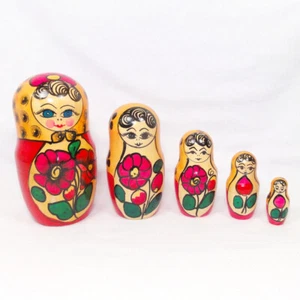 Vintage Russian Matryoshka Stacking Dolls Nested Set of 5 Red Yellow Floral 6" - Picture 1 of 9