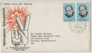 Stamps Australia 5d Churchill pair on Marq cachet FDC sent to Waltham USA - Picture 1 of 1
