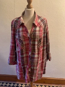 Womens Essence Cotton Blend Pink Gold Grey Check Half Sleeve Blouse Size 28 - Picture 1 of 6