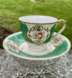 Taza de té y platillo decorados verdes pintados a mano en Japón ocupado de colección - Imagen 1 de 10