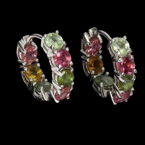 Black Friday Sterling Silver Earrings Round Tourmaline 4mm Natural Gem Jewelry - Picture 1 of 13