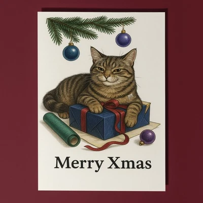 SMART JESTER Festive Cat with Present - Merry Xmas Card and Envelope - Personalised - Family