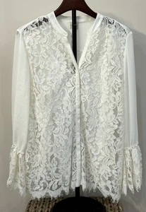CHICO'S Damen Bluse Romantisch Spitze Akzent Langarm Weiß Größe 2 Lagenlook - Bild 1 von 7