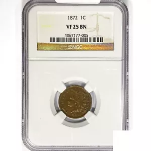 1872 Indian Head Cent Coin NGC VF25 BN - Picture 1 of 2