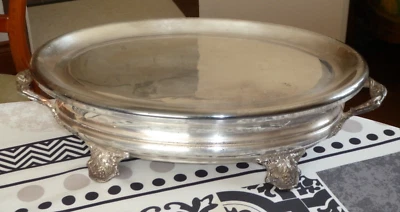 ANCIEN CHAUFFE PLAT OVALE EN METAL ARGENTE POINÇ0NS ORFEVRE S J DOUBLE 40X25,5cm - Photo 1/4