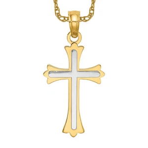 10K Solid Two Tone Gold Cross Necklace - Picture 1 of 12
