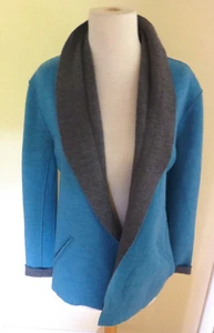 EILEEN FISHER TEAL w/GRAY FELTED MERINO WOOL OPEN WRAP SHAWL COLLAR JACKET EUC M - Picture 1 of 3